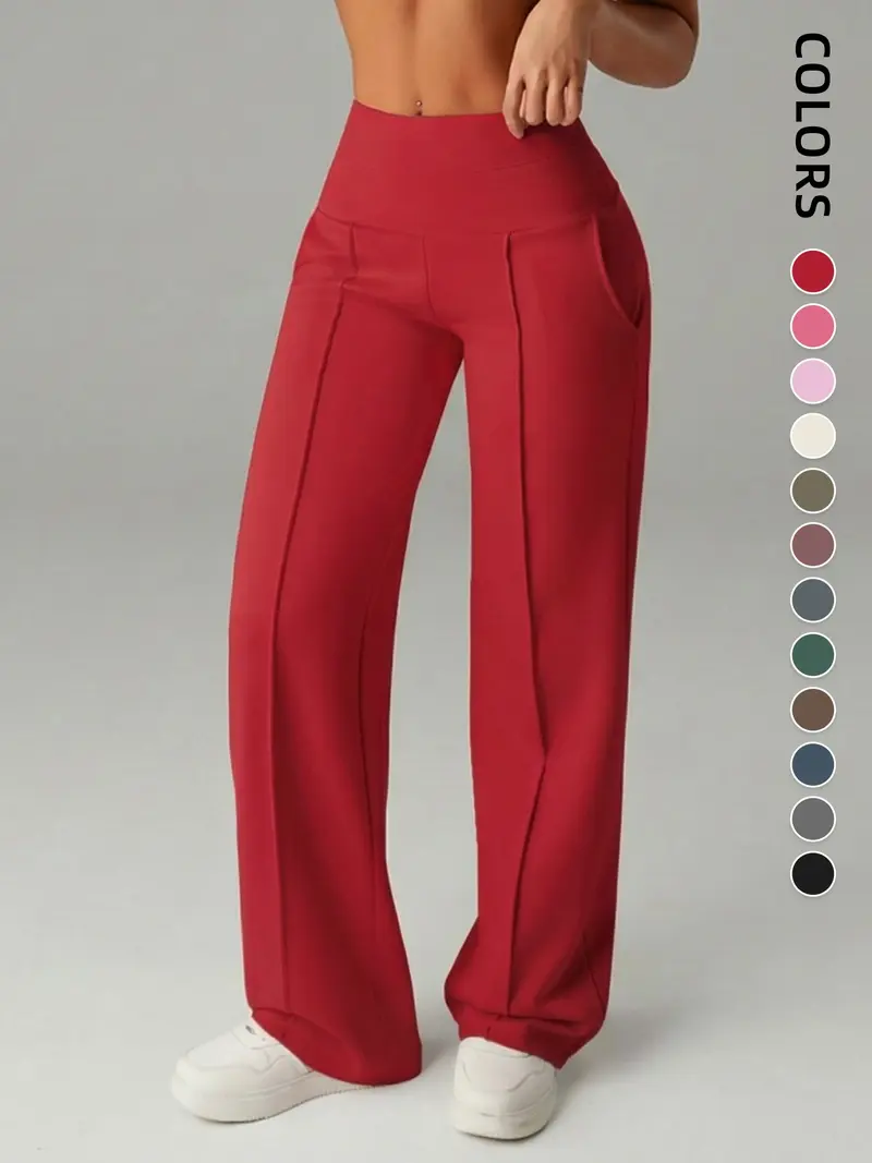 Pantalones de mujer de tiro medio, cintura elástica y pernera ancha; estilo deportivo casual, cómodos bolsillos laterales; prenda versátil para primavera y otoño; ideales para el día a día; moda femenina.